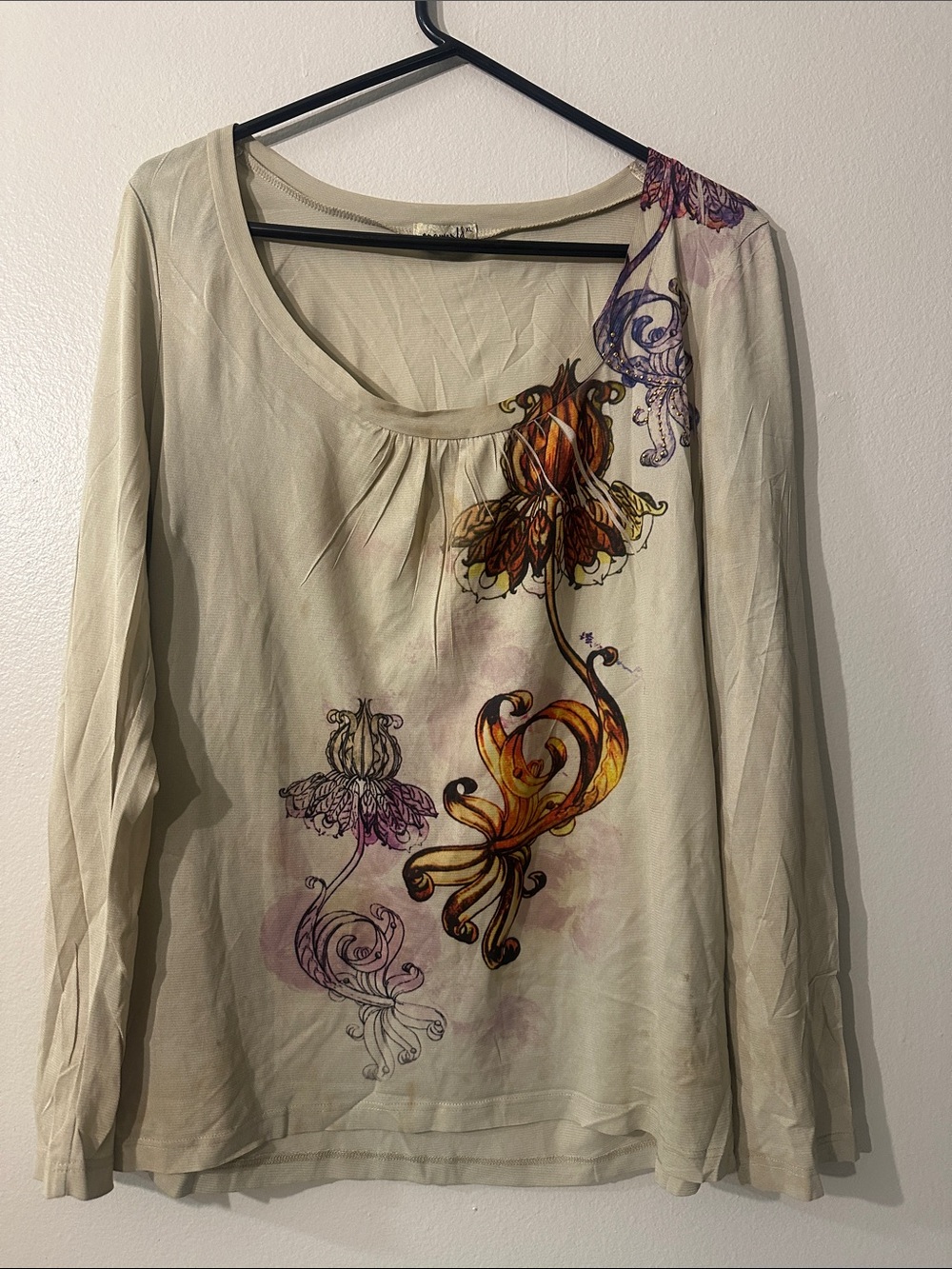 Earthy boho oneworld Women's Cream Floral Scroll Print Long-Sleeve Top Sz XL